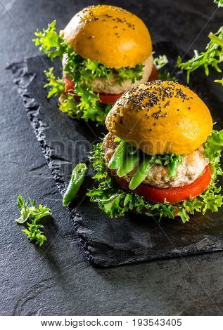 Colored Yellow Burgers. Chicken Burgers Hamburgers With Turmeric Bread