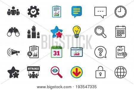 Strike group of people icon. Megaphone loudspeaker sign. Election or voting symbol. Hands raised up. Chat, Report and Calendar signs. Stars, Statistics and Download icons. Question, Clock and Globe