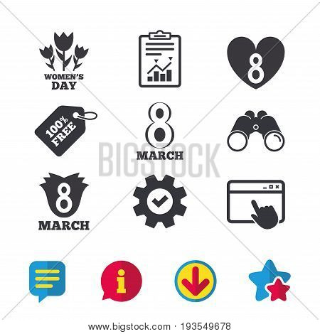8 March Women's Day icons. Tulips or rose flowers bouquet and heart sign symbols. Browser window, Report and Service signs. Binoculars, Information and Download icons. Stars and Chat. Vector