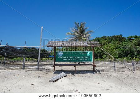 Labuan,Malaysia-May 1,2017:Turtle hatchery located at Rusukan Besar island,Labuan,Malaysia.The Island became the most strategic landing place for two species,hawksbill turtle (Eretmochelys Imbricata) & green turtle (Chelonia Mydas)