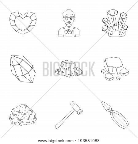 A set of jewelry, crystals, minerals and expensive metals. The jeweler inspects the ornaments.Precious minerals amd jeweler icon in set collection on outline style vector symbol stock web illustration.