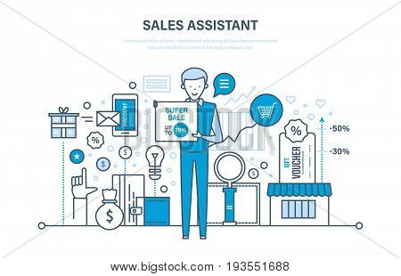 Sales assistant, investment, financial growth, methods and ways to growth revenue, performance indicators. Discount, vouchers. Illustration thin line design of vector doodles, infographics elements.