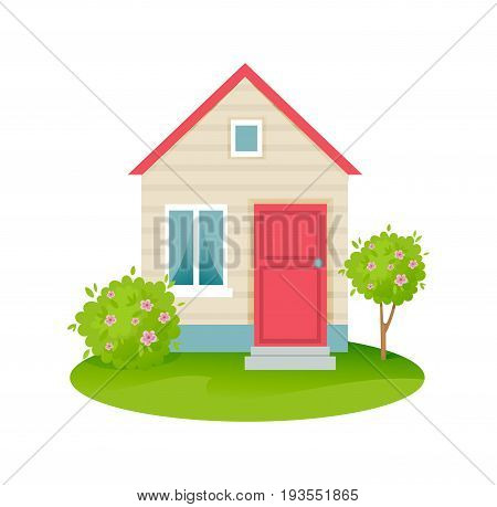 Garden elements and gardening. Eco farm with farmers house with a plot of land with vegetation and fruit trees. Modern vector illustration isolated on white background.