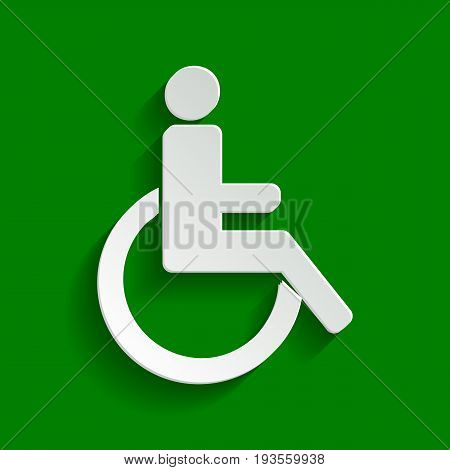 Disabled sign illustration. Vector. Paper whitish icon with soft shadow on green background.