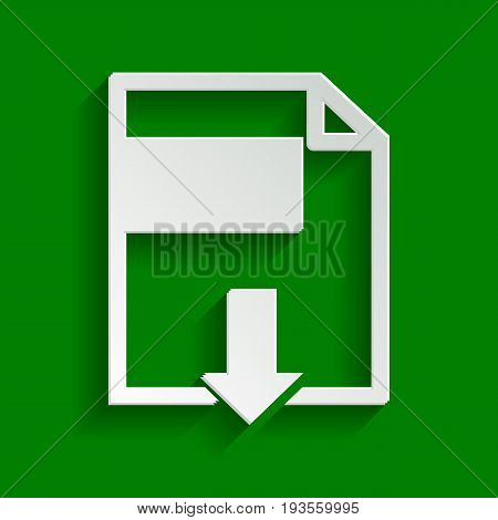 File download sign. Vector. Paper whitish icon with soft shadow on green background.