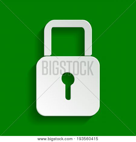 Lock sign illustration. Vector. Paper whitish icon with soft shadow on green background.