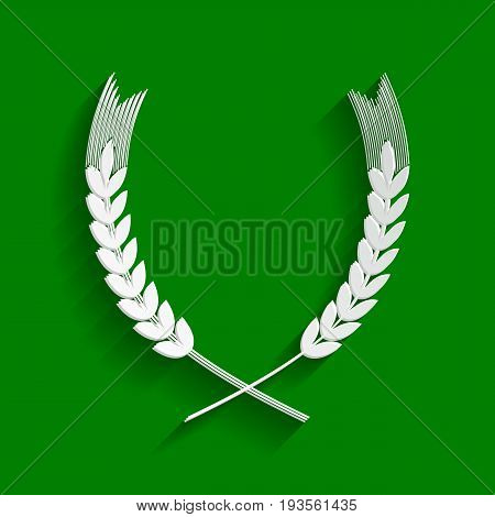 Wheat sign illustration. Spike. Spica. Vector. Paper whitish icon with soft shadow on green background.