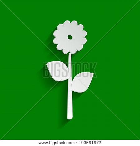 Flower sign illustration. Vector. Paper whitish icon with soft shadow on green background.