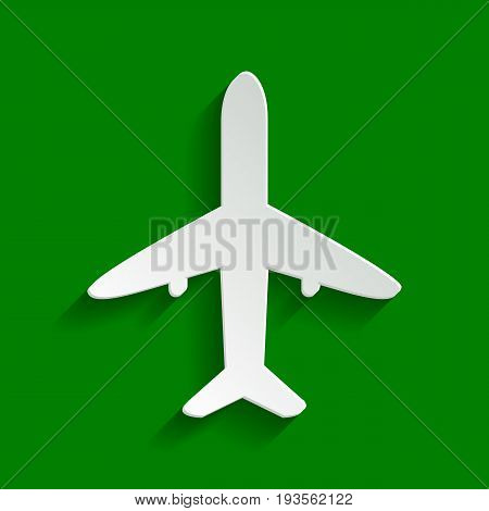 Airplane sign illustration. Vector. Paper whitish icon with soft shadow on green background.