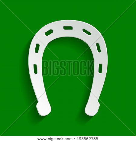 Horseshoe sign illustration. Vector. Paper whitish icon with soft shadow on green background.