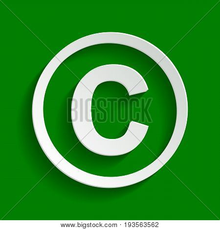 Copyright sign illustration. Vector. Paper whitish icon with soft shadow on green background.