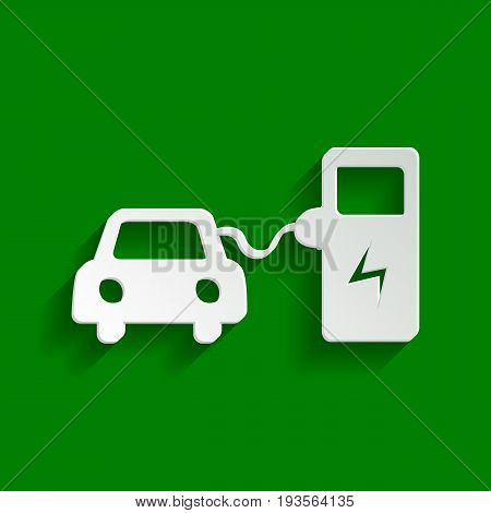 Electric car battery charging sign. Vector. Paper whitish icon with soft shadow on green background.
