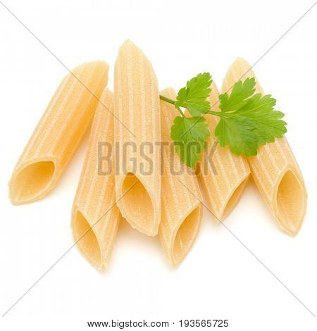 Italian pasta isolated on white background. Pennoni. Penne rigate.