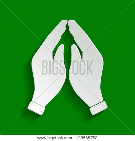 Hand icon illustration. Prayer symbol. Vector. Paper whitish icon with soft shadow on green background.