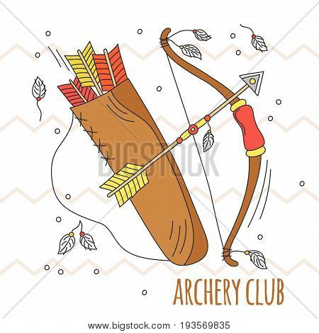 Vector cartoon bow and arrows. Archery club illustration. Kid summer play. Traditional game. Indian culture. Hand drawn background.