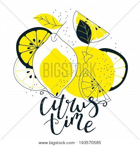 Hand drawn citrus illustration with lettering. Fresh natural fruit background. Vector banner, paster, package design. Natural food market concept. Organic design