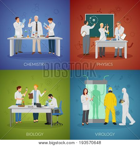 Scientist icons set with physics and virology symbols symbols flat isolated vector illustration