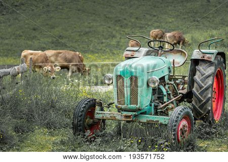 Old tractor on a meadow with fresh grass. Beautiful view to alpine mountains. Alps.