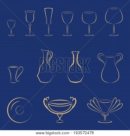 Set of gold tableware and glasses on a blue background. Vector elements for corporate identity or logo template.