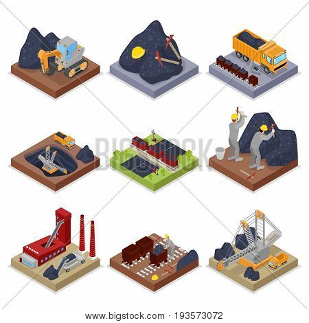 Isometric Coal Industry with Workers in Mine with Excavator, Miner and Equipment. Vector flat 3d illustration