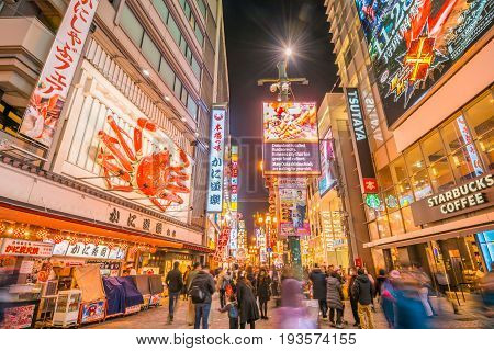 OsakaJapan - November 28 2015 : Night view with light displays of Dontonbori in Namba OsakaJapan. Namba is well known as an entertainment area in Osaka.
