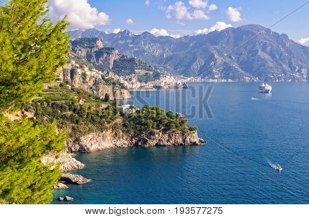 Cruise ship along the Amalfi Coast between Conca dei Marini and Positano - Amalfi Coast, Campania, Italy
