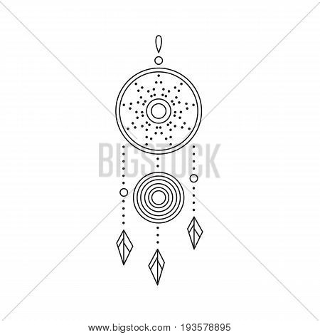 Tribal vector thin line icon, native indian talisman dreamcatcher. Boho element, bohemian style, ethnic american symbol. Black on white isolated illustration. Simple mono linear modern design.