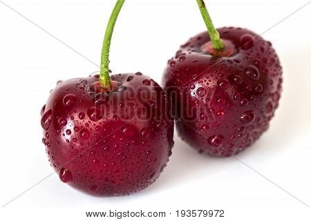 Two ripe sweet red cherries with water drops isolated on white background macro
