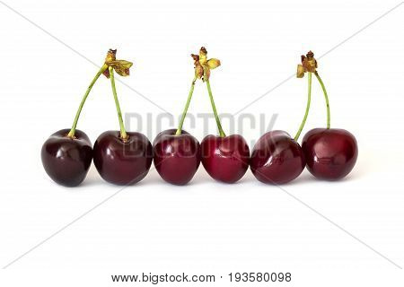 Three couples of connected cherries with a stem in a raw isolated on white background