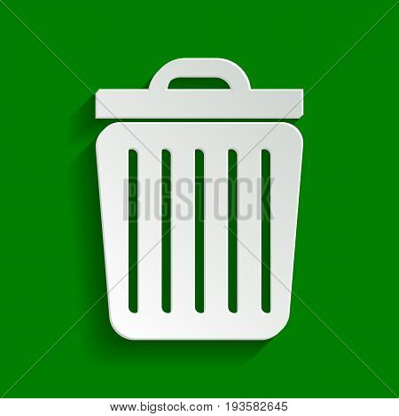 Trash sign illustration. Vector. Paper whitish icon with soft shadow on green background.