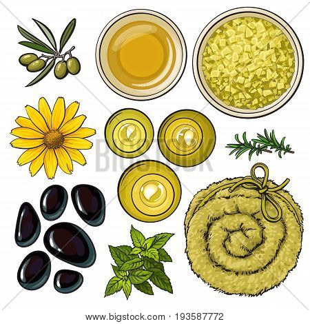 yellow set of spa salon accessories - basalt stones, massage oil, towel, candles, aromatic salt, sketch vector illustration on white background. Spa set - stones, massage oil, rolled up towel, candles