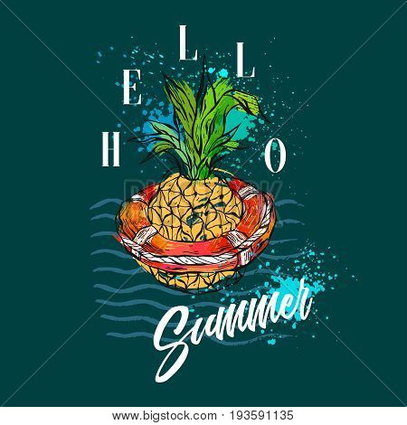 Hand drawn vector abstract tropical illustration with pineapple in red lifebuoy on sea waves, freehand textures and modern calligraphy summer time quote Hello Summer isolated on deep blue background.