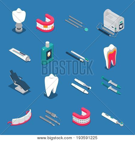 Stomatology isometric colored  icons isolated on blue background with dentures and tools for dental care vector illustration
