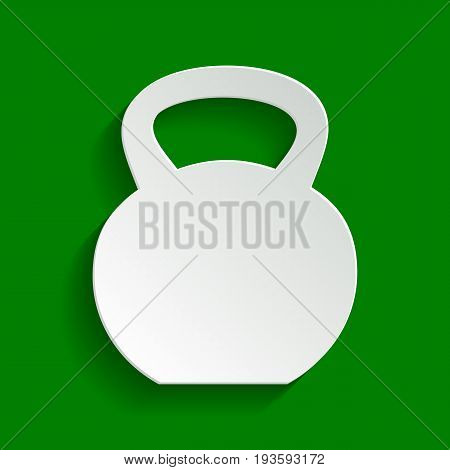 Fitness Dumbbell sign. Vector. Paper whitish icon with soft shadow on green background.