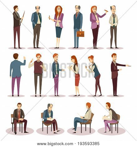 Business trainings and coaching icons set with consultants and learners in various positions isolated vector illustration