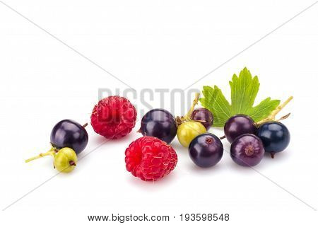 Blackcurrants and raspberries in closeup isolated on white background.