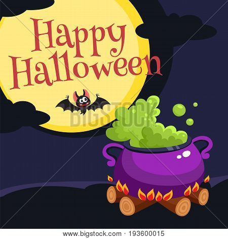 Happy Halloween greeting card, poster, banner design with boiling caldron, bat, moon and dark night, cartoon vector illustration. Halloween greeting card, banner, poster with caldron and bat at night