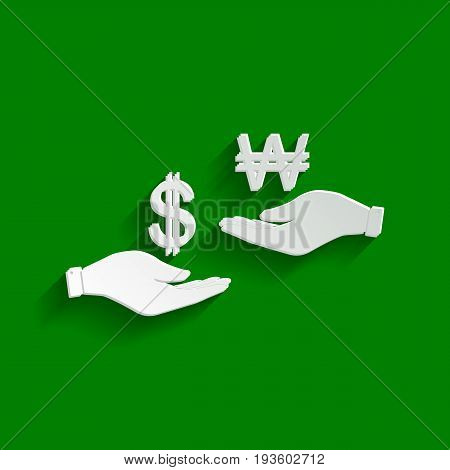 Currency exchange from hand to hand. Dollar and South Korea Won. Vector. Paper whitish icon with soft shadow on green background.