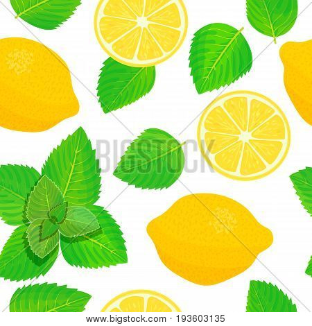 Lemon and Fresh mint leaves theme. Seamless pattern vector collection of realistic fruits and slices. Bright and vivid. for cosmetics, prints, textile, banners, textile, decoration