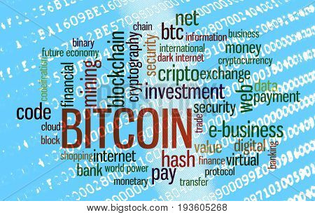 Bitcoin word cloud over binary code