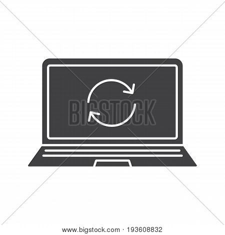Laptop restart glyph icon. Silhouette symbol. Notebook with cycling arrows. Reboot. Negative space. Vector isolated illustration