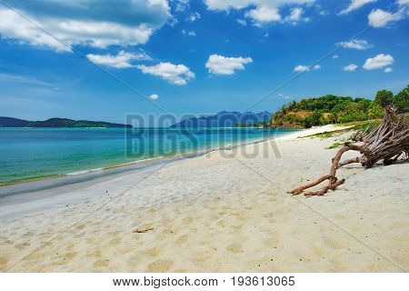 Relaxing on remote paradise beach. Tropical bungalow with palms trees and luxury house on Pantai Tengah Beach, Langkawi island, Malaysia.
