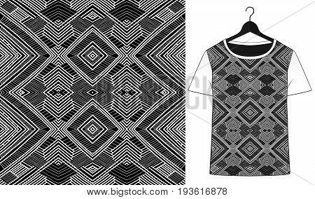Ethnic geometric pattern. Native artistic ornament. Trendy tribal ornate. T-shirt simple mockup. Pattern for fabric or denim. Fashion design. Black and white.