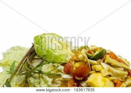 thailand spicy coconut salad with salted eggs on white background.