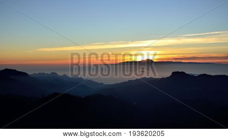 Sunset from Gran canaria island and Tenerife in background, Canary islands