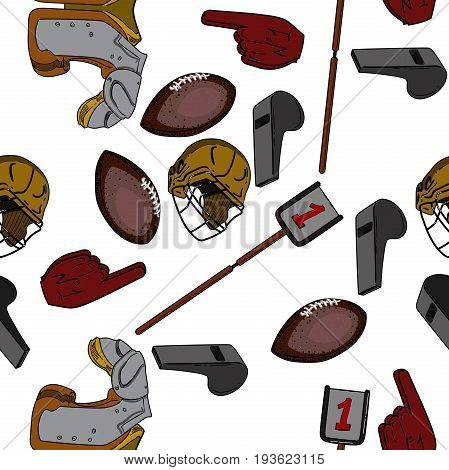 American Football Seamlees pattern with equipment such as helmet, cup, shape, ball, cheerleaders, player, sneakers. Sport background