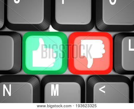 keyboard with like and dislike keys . 3d rendered illustgration