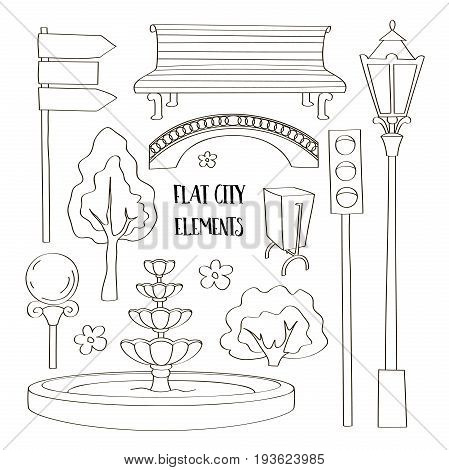 City street urban elements icon set. Lights and outdoor elements for construction of city, park and outdoor landscapes.