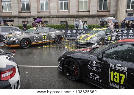 Riga, Latvia - July 01, 2017: Porsche GT3 and Bentley Continental GT from Gumball 3000 Race 