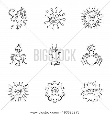 A set of pictures about bacteria and viruses. Germs that are harmful to humans. viruses and bacteria icon in set collection on outline style vector symbol stock web illustration.